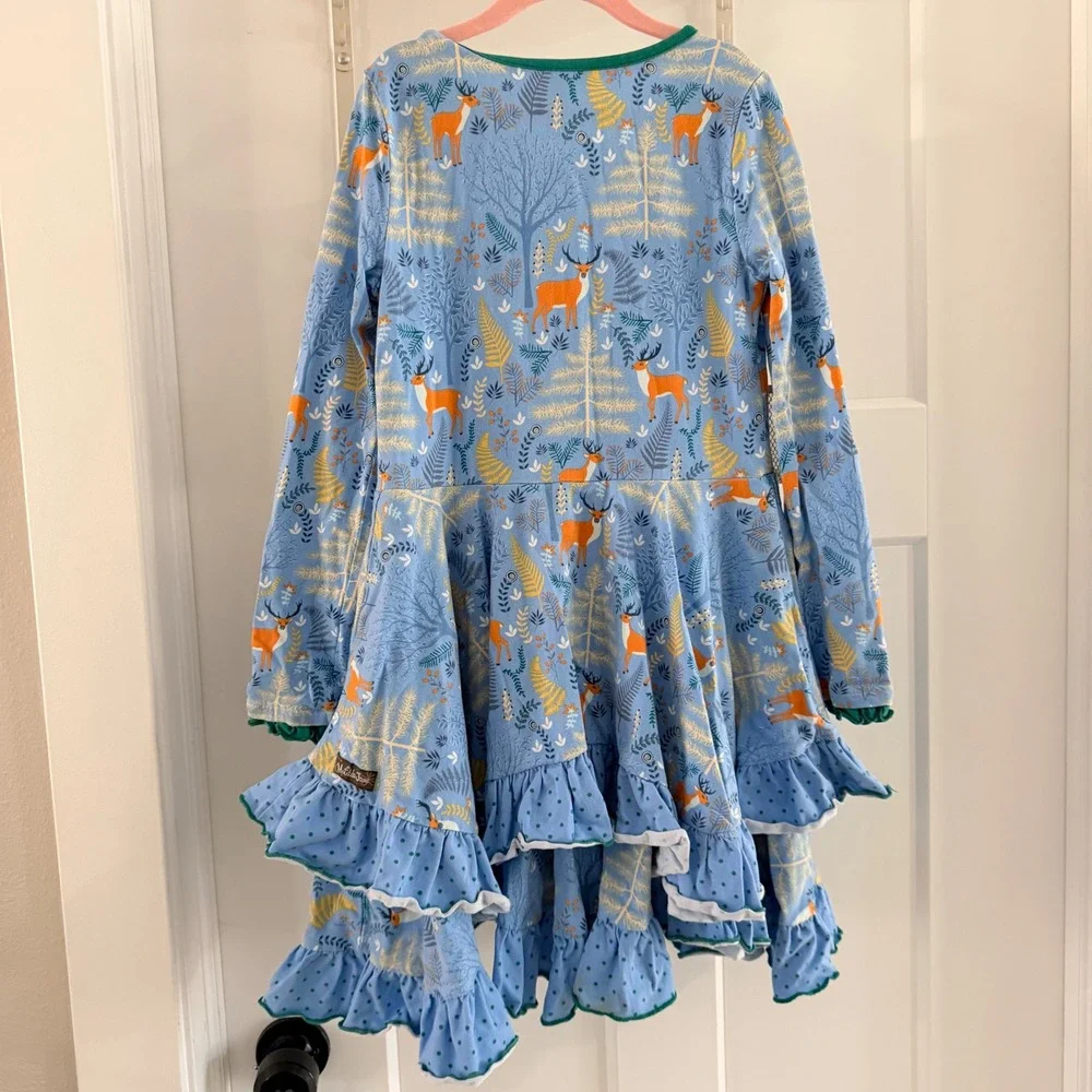 Matilda Jane Girls Neck of the Woods Blue Deer Print Ruffle Dress Size 8